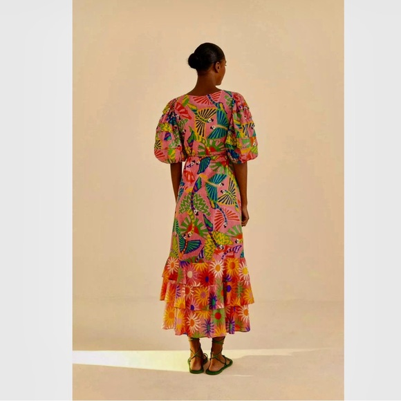 NWT - FARM Rio Coral Mixed Graphic Macaws Puff Sleeve Midi Dress / Size S - Picture 7 of 15